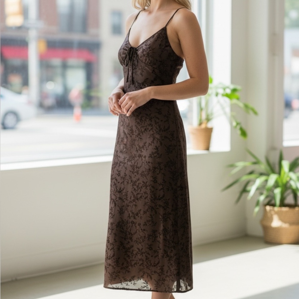 PacSun Chocolate Brown Velvet Burnout 90's Summer Midi Slip Dress sz XL NWT